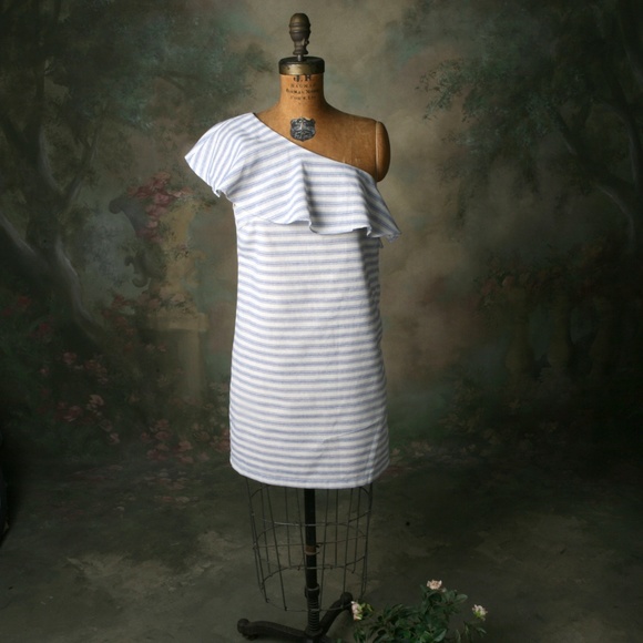 Aakaa One Shoulder Ruffle Shift Dress Stripe Sz S. - Picture 6 of 8